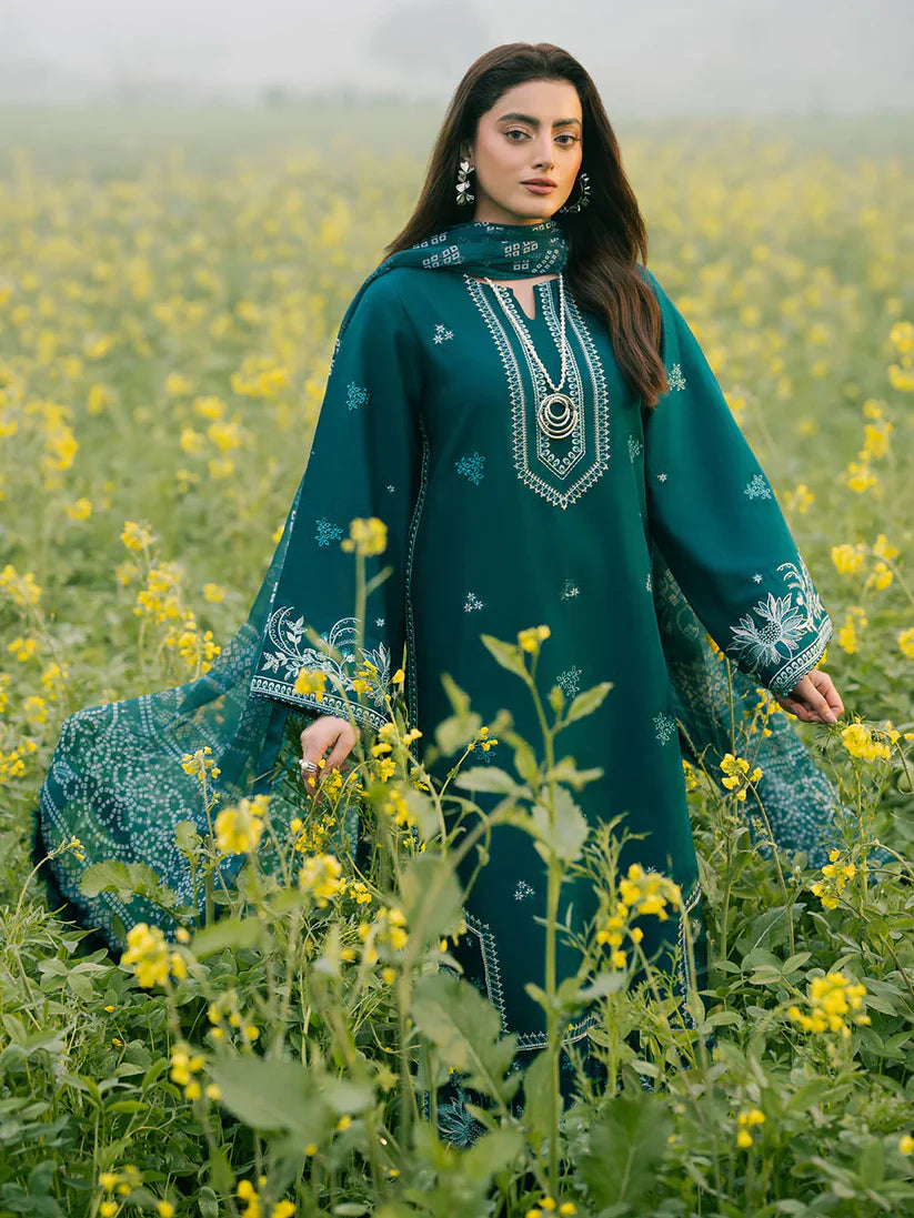 IZEL-3PC DHANAK EMBROIDERED SHIRT WITH COURTRAI PRINTED SHAWL AND TROUSER-W.J-1669