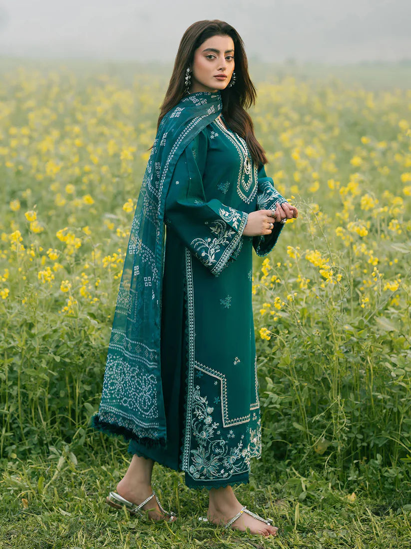 IZEL-3PC DHANAK EMBROIDERED SHIRT WITH COURTRAI PRINTED SHAWL AND TROUSER-W.J-1669