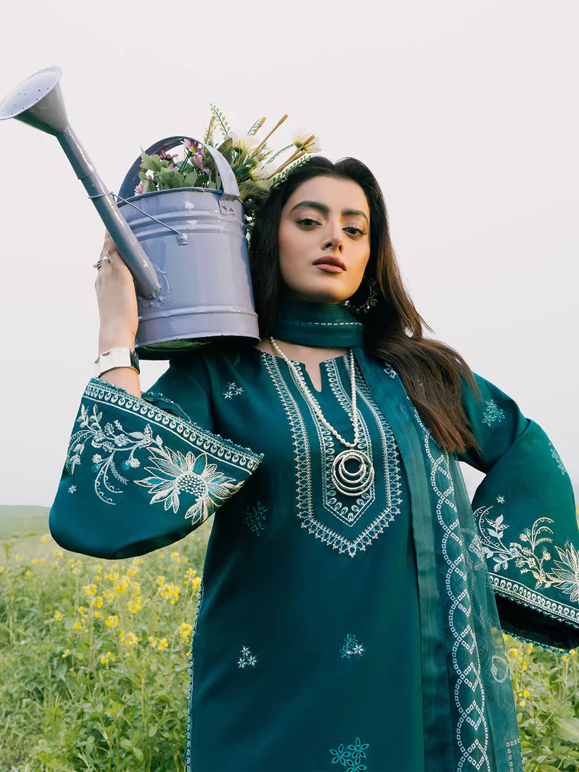 IZEL-3PC DHANAK EMBROIDERED SHIRT WITH COURTRAI PRINTED SHAWL AND TROUSER-W.J-1669