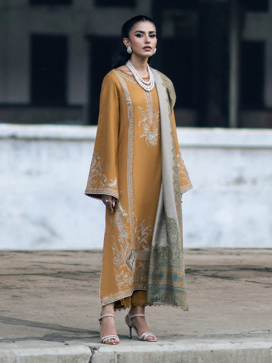 IZEL-3PC DHANAK EMBROIDERED SHIRT WITH COUTRAI PRINTED SHAWL & TROUSER-W.J-1827