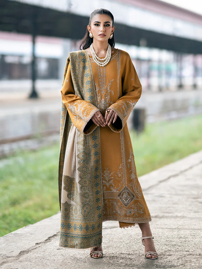 IZEL-3PC DHANAK EMBROIDERED SHIRT WITH COUTRAI PRINTED SHAWL & TROUSER-W.J-1827