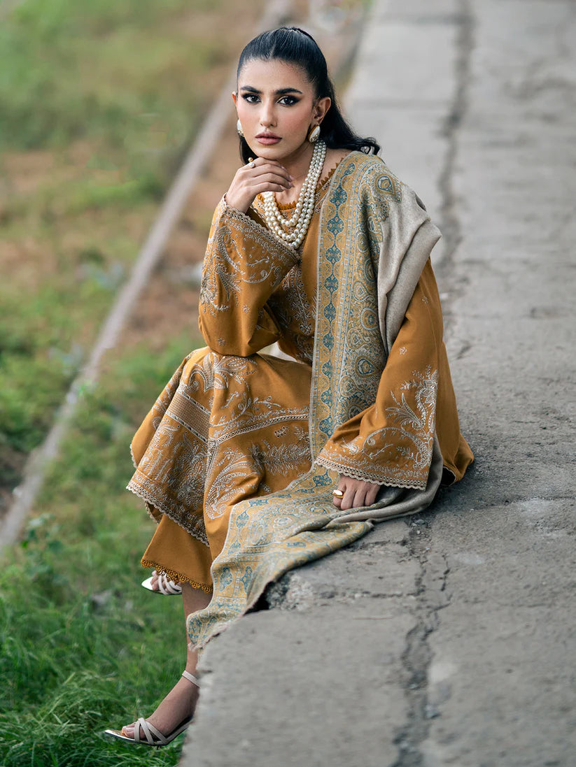 IZEL-3PC DHANAK EMBROIDERED SHIRT WITH COUTRAI PRINTED SHAWL & TROUSER-W.J-1827