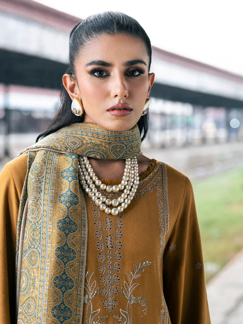 IZEL-3PC DHANAK EMBROIDERED SHIRT WITH COUTRAI PRINTED SHAWL & TROUSER-W.J-1827