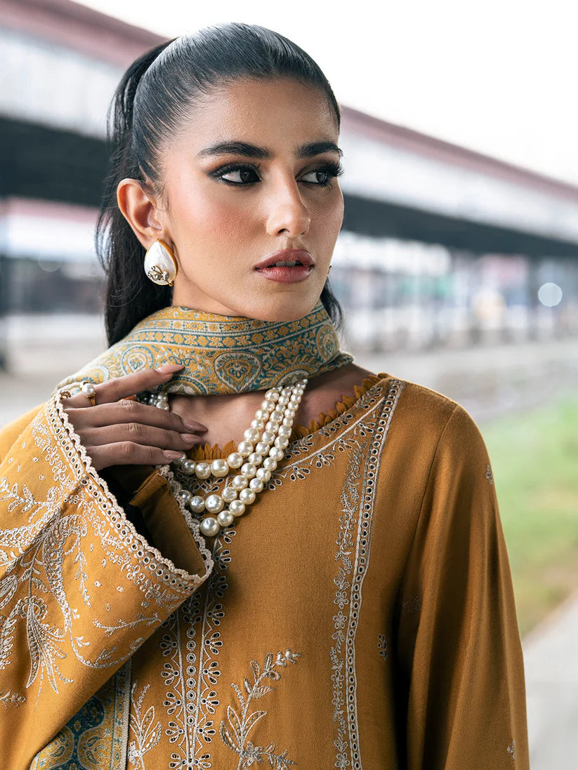 IZEL-3PC DHANAK EMBROIDERED SHIRT WITH COUTRAI PRINTED SHAWL & TROUSER-W.J-1827