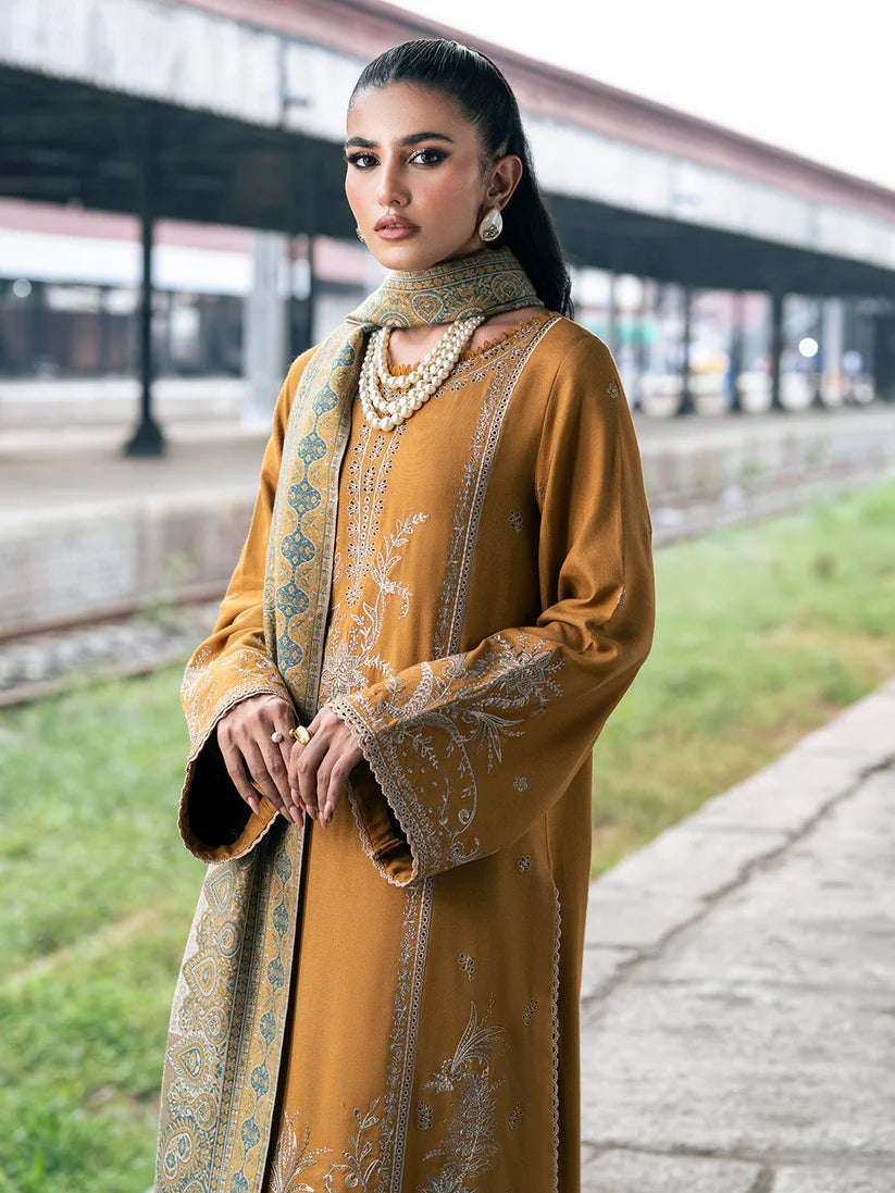 IZEL-3PC DHANAK EMBROIDERED SHIRT WITH COUTRAI PRINTED SHAWL & TROUSER-W.J-1827