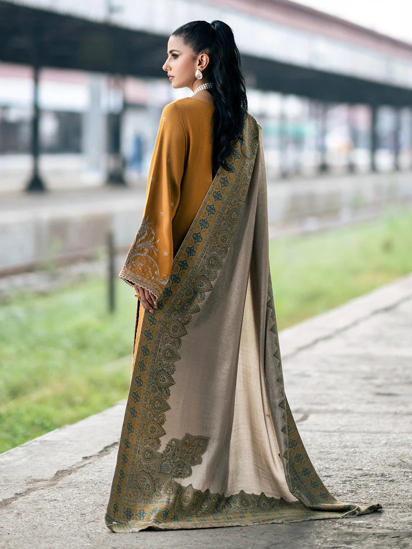 IZEL-3PC DHANAK EMBROIDERED SHIRT WITH COUTRAI PRINTED SHAWL & TROUSER-W.J-1827