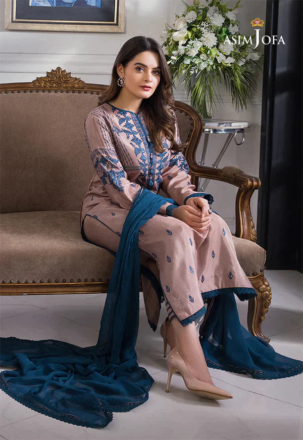 ASIM JOFA-3PC DHANAK EMBROIDERED SHIRT WITH BAMBER CHIFFON DUPATTA-_W.J-1887