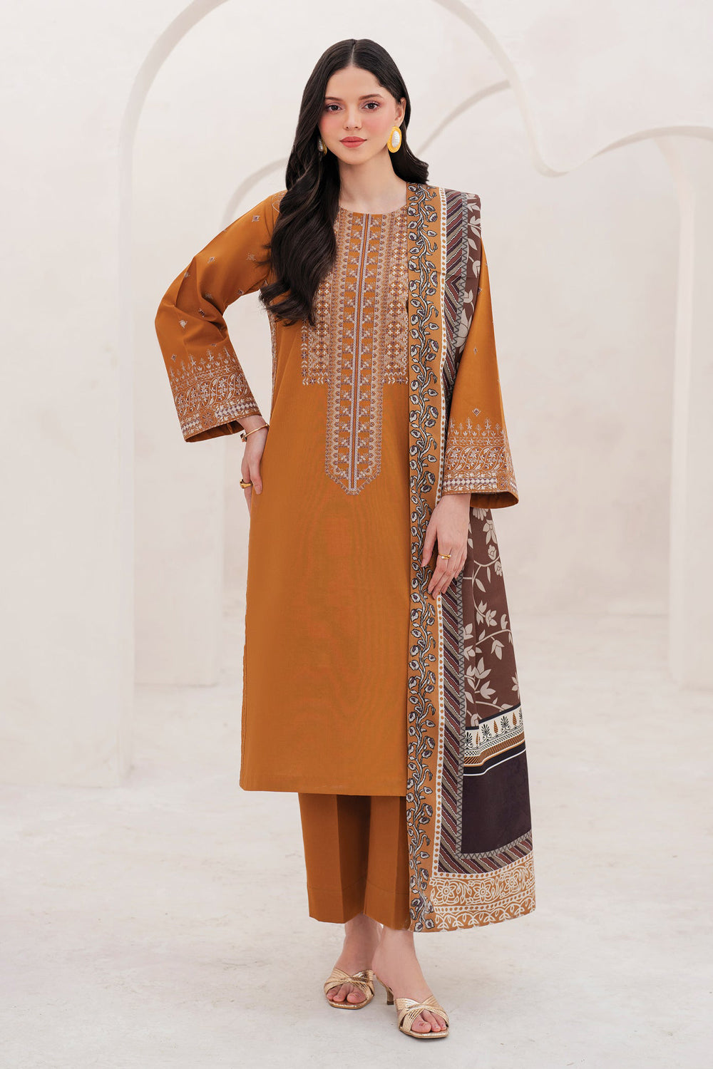 GARNET-3PC DHANAK EMBROIDERED SHIRT WITH COURTRAI PRINTED SHAWL AND TROUSER-W.J-1512
