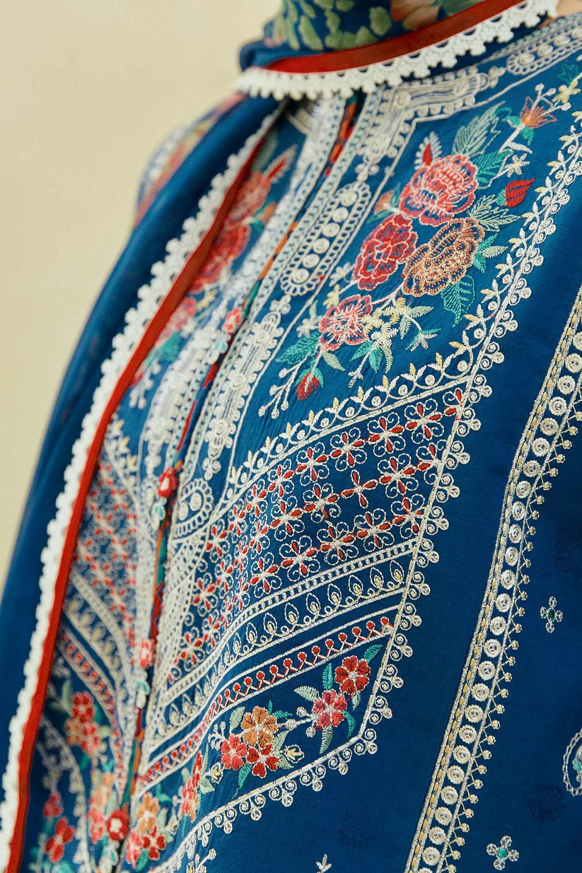 ZARASHAHJAHAN- 3PC DHANAK EMBROIDERED SHIRT WITH COUTRAI WOOL PRINT SHAWL & EMB TROUSER -W.J-1795