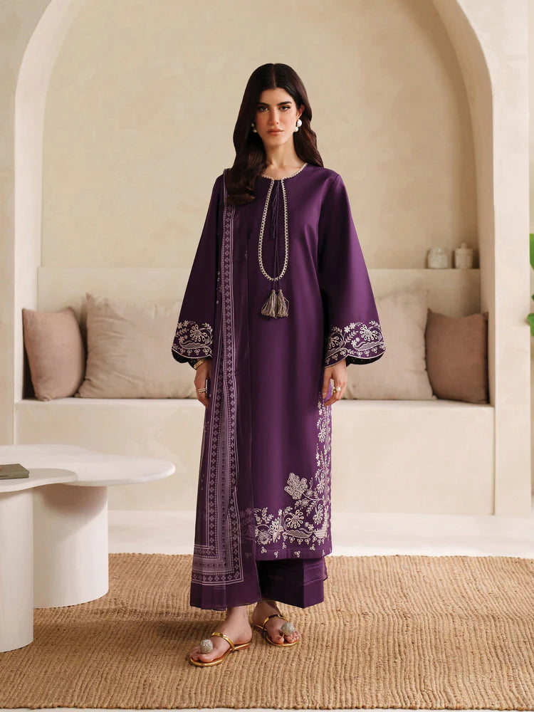 GARNET-3PC DHANAK EMBROIDERED SHIRT WITH COURTRAI PRINTED SHAWL AND TROUSER-W.J-2020