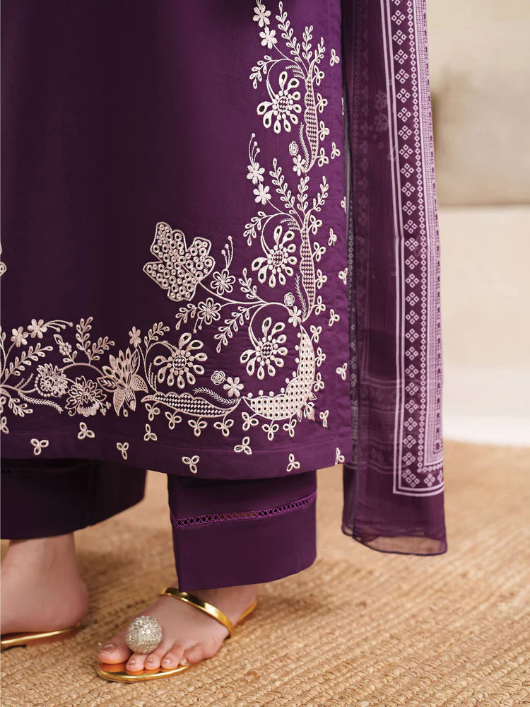 GARNET-3PC DHANAK EMBROIDERED SHIRT WITH COURTRAI PRINTED SHAWL AND TROUSER-W.J-2020