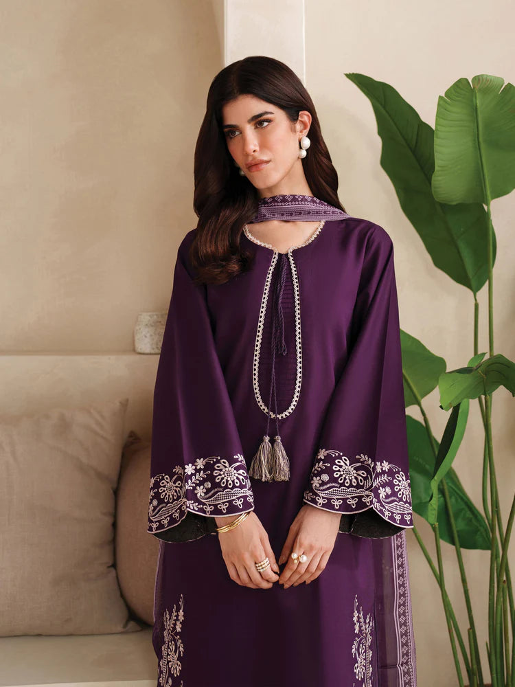 GARNET-3PC DHANAK EMBROIDERED SHIRT WITH COURTRAI PRINTED SHAWL AND TROUSER-W.J-2020