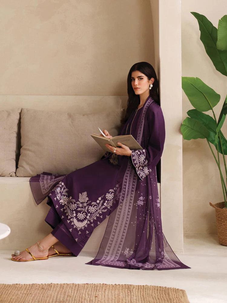GARNET-3PC DHANAK EMBROIDERED SHIRT WITH COURTRAI PRINTED SHAWL AND TROUSER-W.J-2020