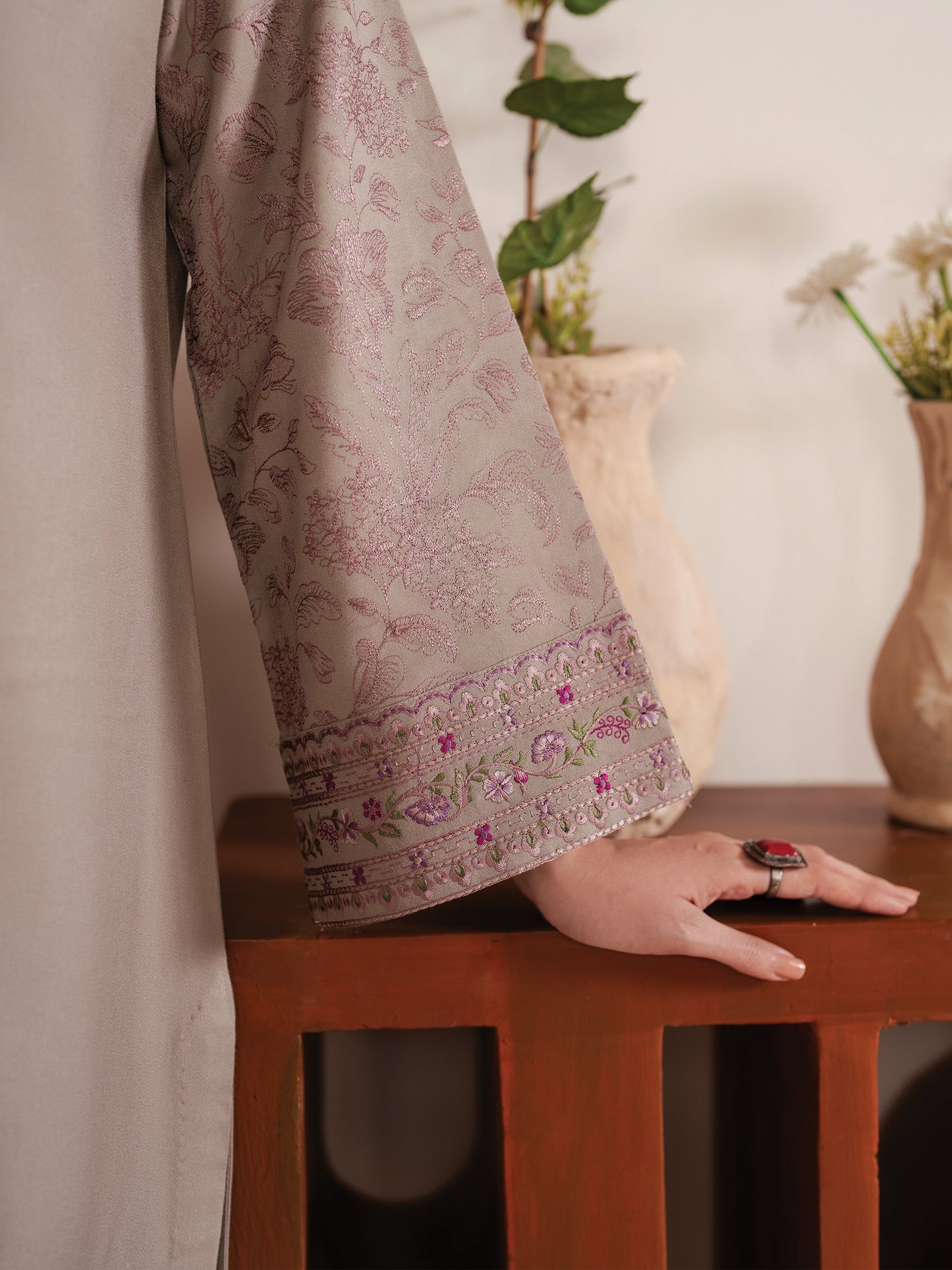 GARNET-3PC LAWN EMBROIDERED SHIRT WITH MONARK PRINT DUPATTA AND TROUSER-W.J-1525