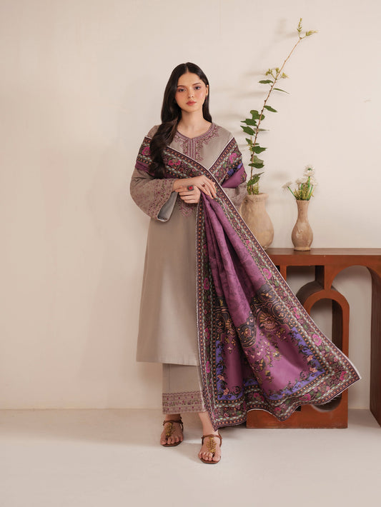 GARNET-3PC DHANAK EMBROIDERED SHIRT WITH COURTRAI PRINTED SHAWL AND EMB TROUSER--W.J-1525
