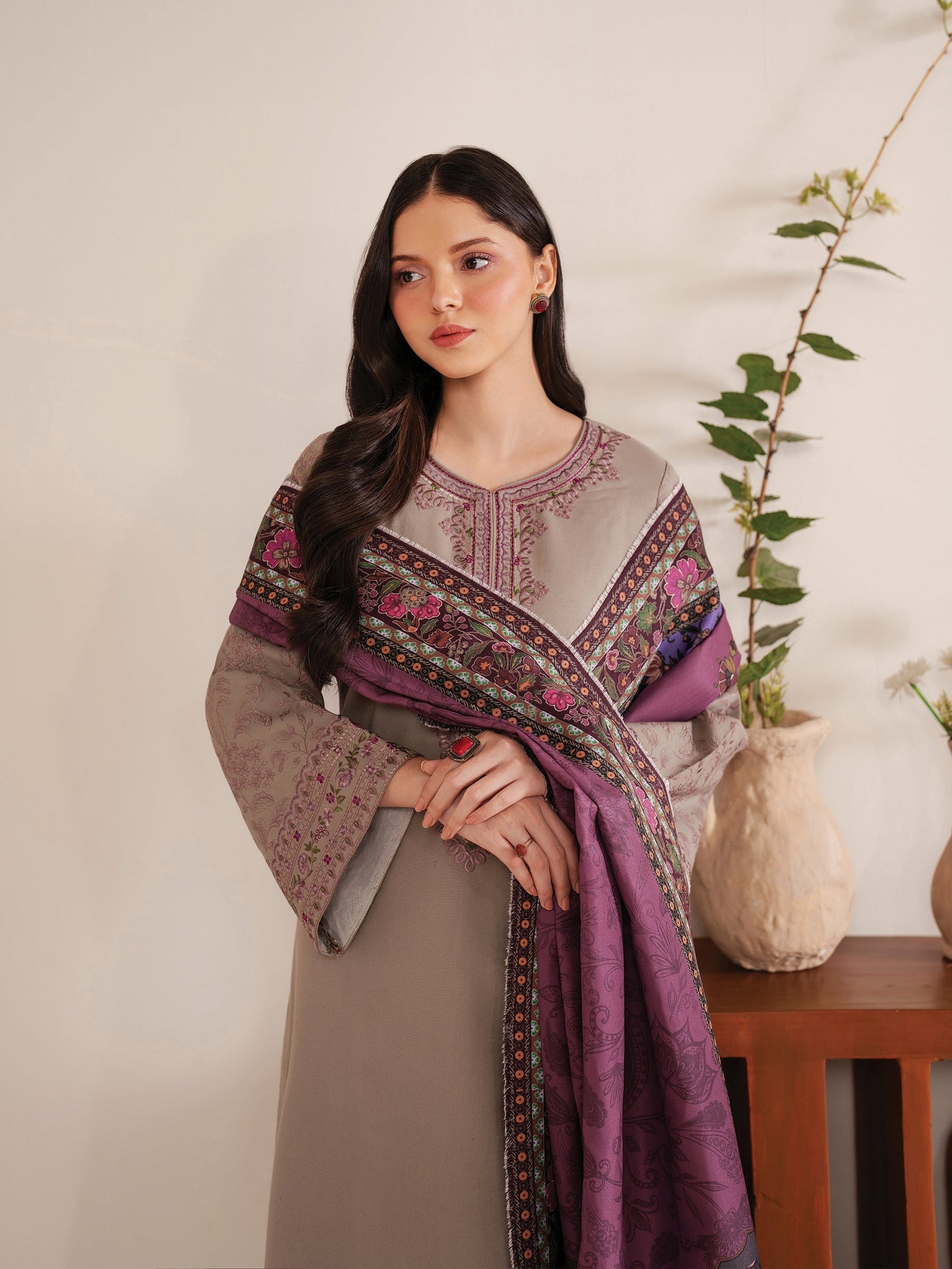 GARNET-3PC LAWN EMBROIDERED SHIRT WITH MONARK PRINT DUPATTA AND TROUSER-W.J-1525