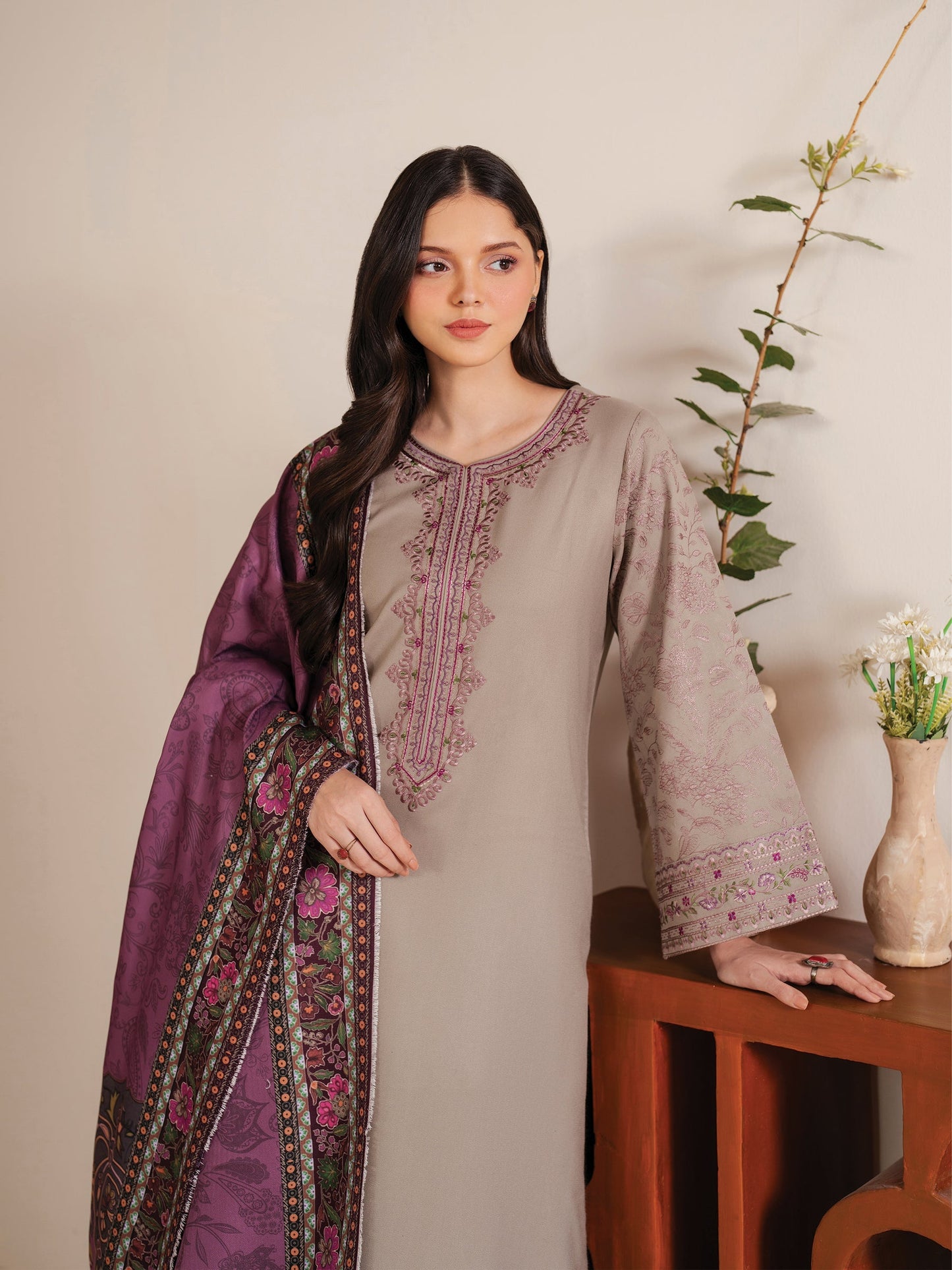 GARNET-3PC LAWN EMBROIDERED SHIRT WITH MONARK PRINT DUPATTA AND TROUSER-W.J-1525
