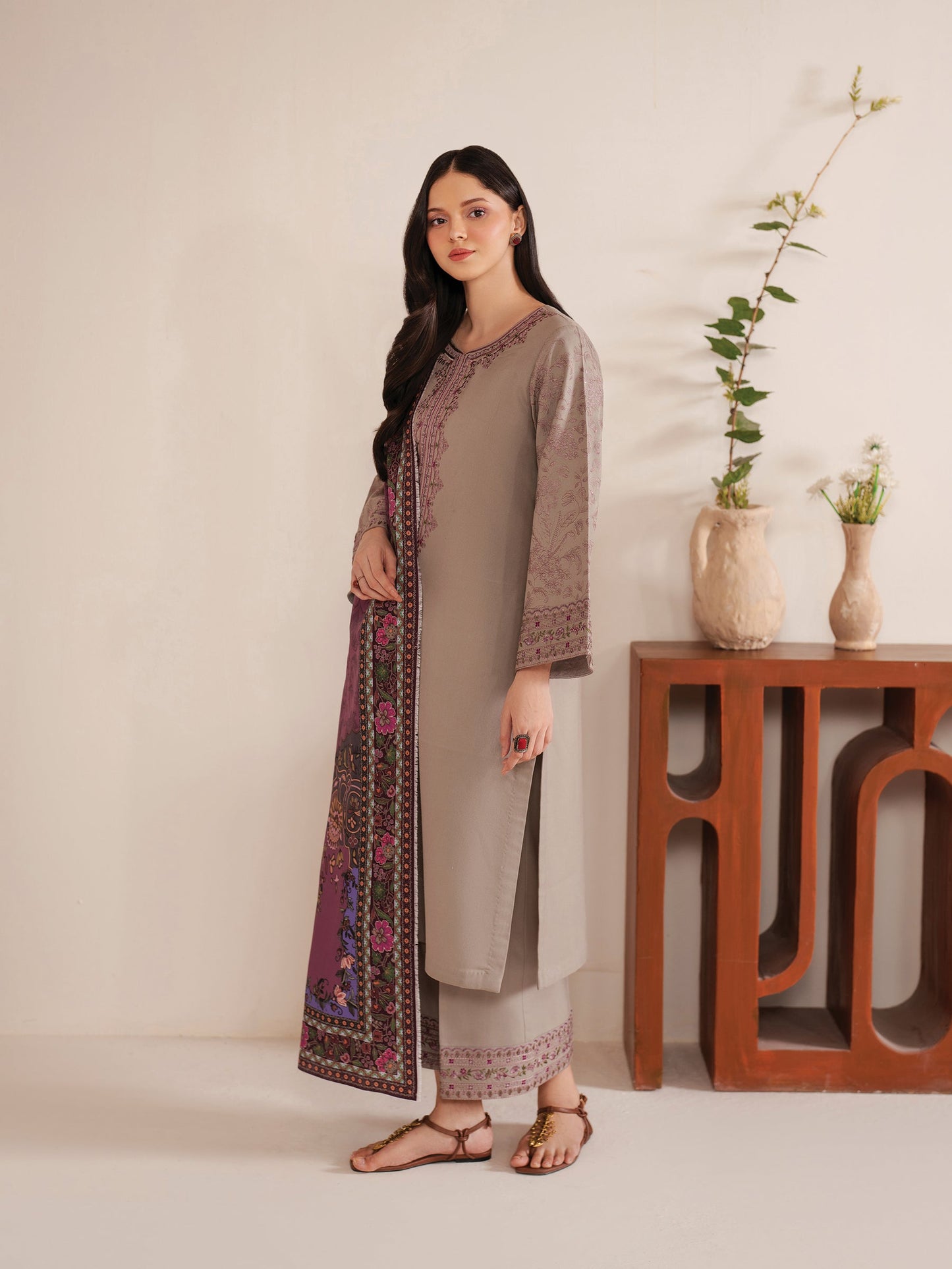 GARNET-3PC LAWN EMBROIDERED SHIRT WITH MONARK PRINT DUPATTA AND TROUSER-W.J-1525