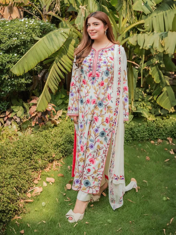SAPPHIRE-3PC DHANAK EMBROIDERED SHIRT WITH BAMBER CHIFFON EMBROIDERED DUPATTA & TROUSER-W.J-1991
