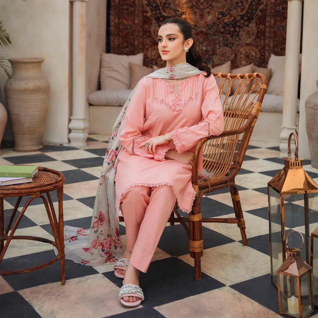 ZIVA - 3PC DHANAK EMBROIDERED SHIRT WITH COUTURE WOOL PTRINTED SHAWL & TROUSER-W.J-1433