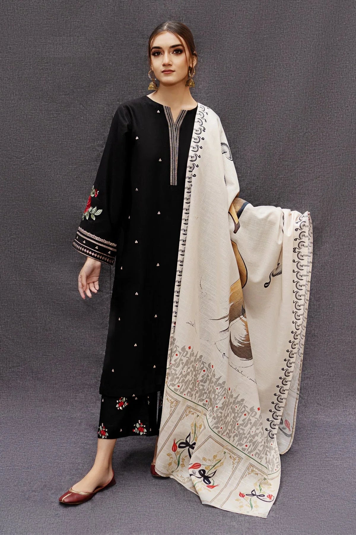 URGE-3PC DHANAK EMBROIDERED SHIRT WITH COUTRAI PRINTED SHAWL AND EMB TROUSER-W.J-1483