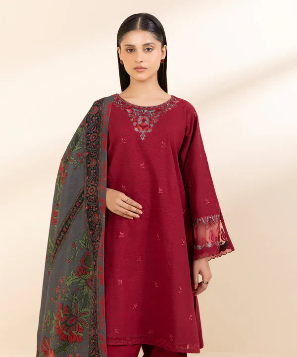 SAPPHIRE-3PC DHANAK EMBROIDERED SHIRT WITH WOOL PRINT SHAWL & TROUSER-W.J-1338