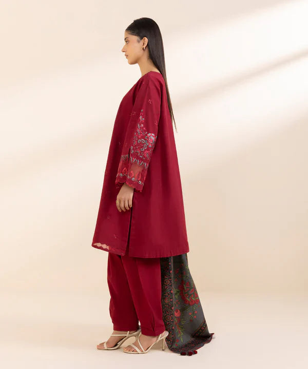 SAPPHIRE-3PC DHANAK EMBROIDERED SHIRT WITH WOOL PRINT SHAWL & TROUSER-W.J-1338