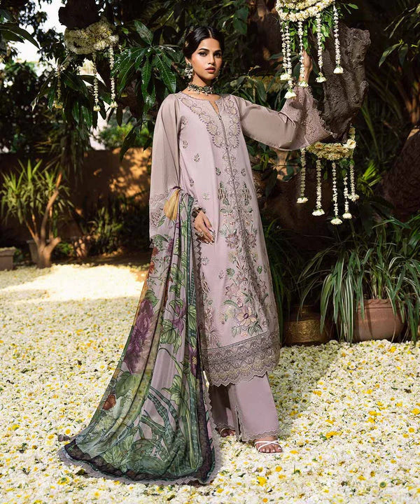 SAPPHIRE-3PC DHANAK EMBROIDERED SHIRT WITH COURTRAI WOOL PRINTED SHAWL AND EMB TROUSER-W.J-1793