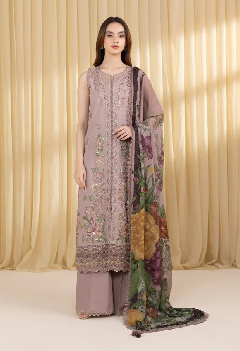 SAPPHIRE-3PC DHANAK EMBROIDERED SHIRT WITH COURTRAI WOOL PRINTED SHAWL AND EMB TROUSER-W.J-1793