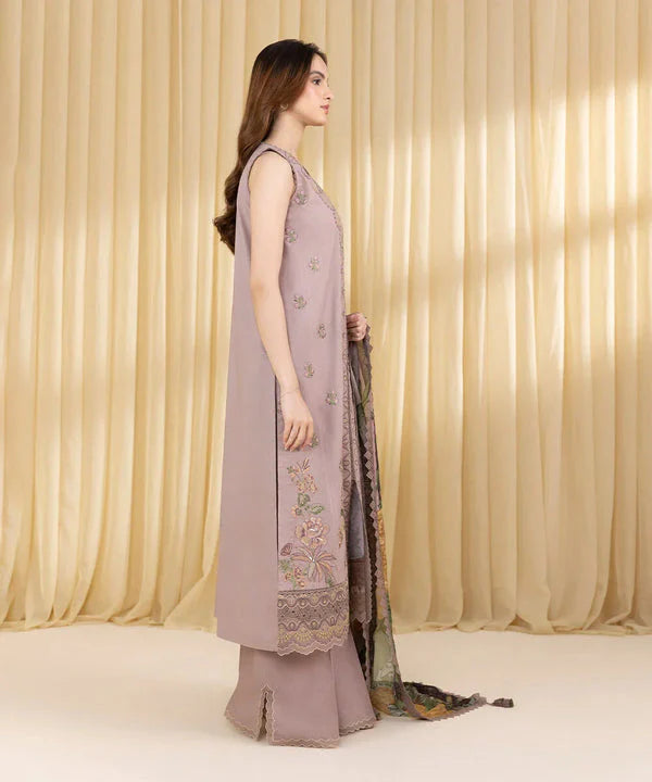 SAPPHIRE-3PC DHANAK EMBROIDERED SHIRT WITH COURTRAI WOOL PRINTED SHAWL AND EMB TROUSER-W.J-1793