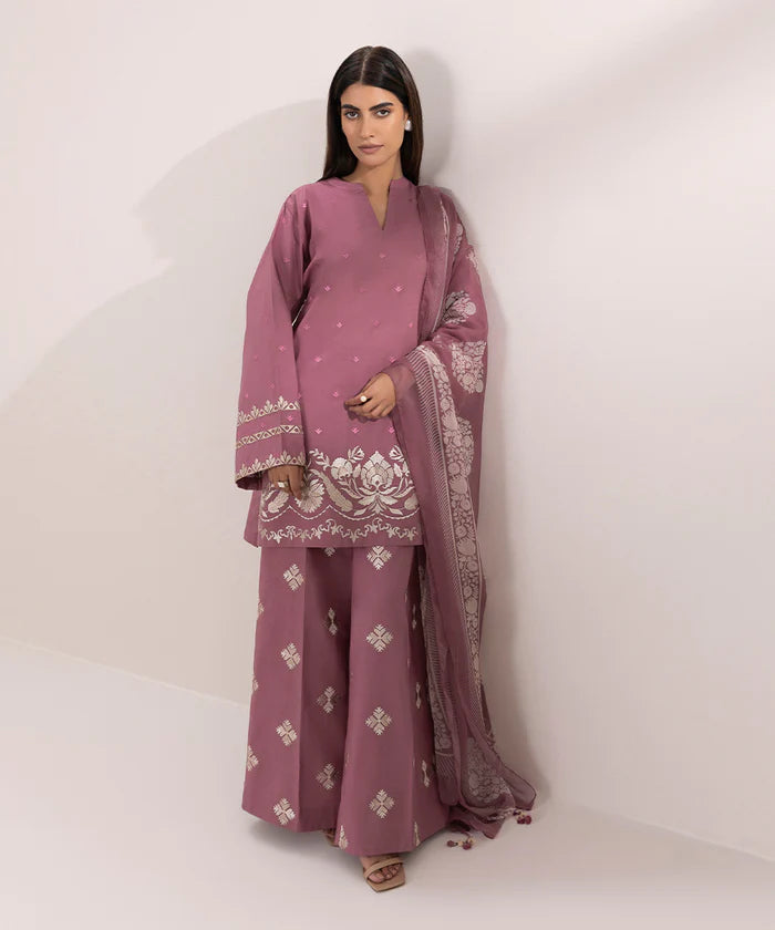SAPPHIRE-3PC DHANAK EMBROIDERED SHIRT COUTRAI PRINTED SHAWL & EMB TROUSER-W.J-1484