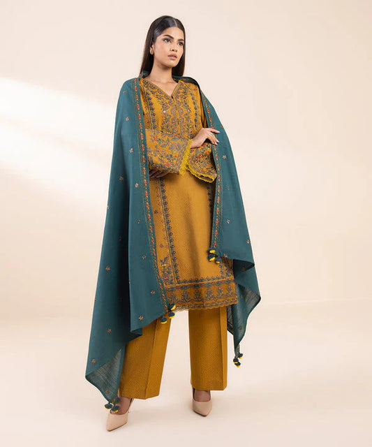 SAPPHIRE- 3PC DHANAK EMBROIDERED SHIRT WITH DHANAK EMBROIDERED SHAWL AND TROUSER-W.J-1306