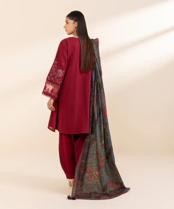 SAPPHIRE-3PC DHANAK EMBROIDERED SHIRT WITH WOOL PRINT SHAWL & TROUSER-W.J-1338
