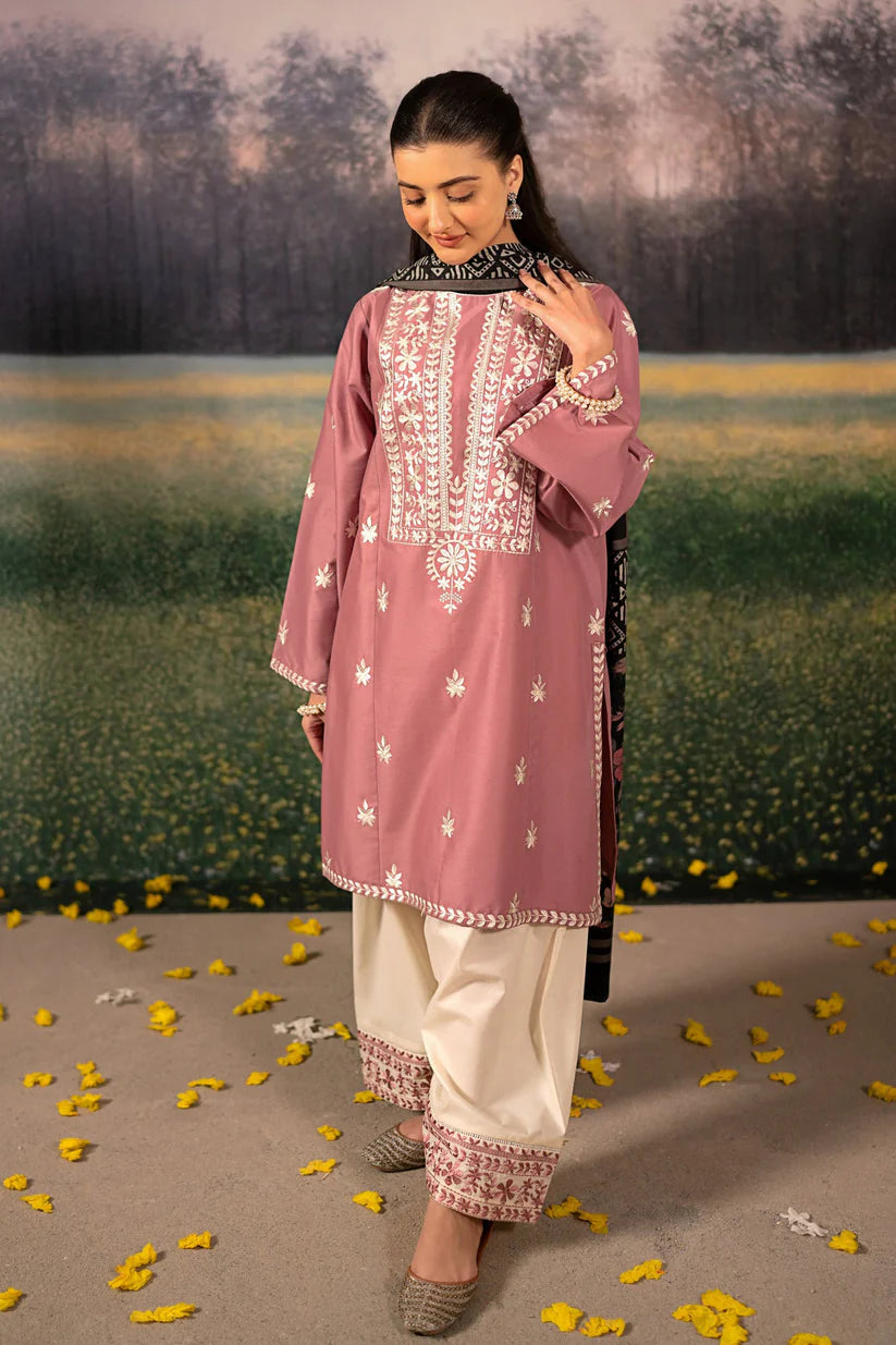 URGE-3PC DHANAK EMBROIDERED SHIRT WITH COUTRAI WOOL PRINTED SHAWL AND EMB TROUSER-W.J-1828