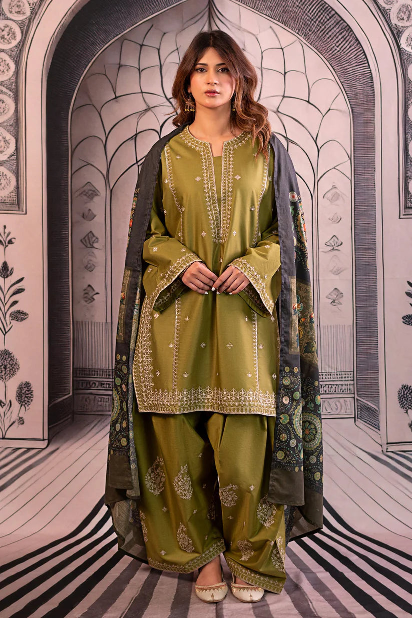 URGE-3PC DHANAK EMBROIDERED SHIRT WITH COUTRAI PRINTED SHAWL & EMB TROUSER-W.J-1803
