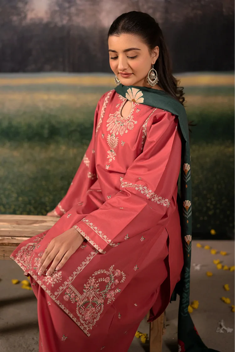 URGE-3PC DHANAK EMBROIDERED SHIRT WITH COURTRAI PRINTED SHAWL AND EMB TROUSER-WJ-1928