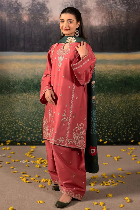 URGE-3PC DHANAK EMBROIDERED SHIRT WITH COURTRAI PRINTED SHAWL AND EMB TROUSER-WJ-1928