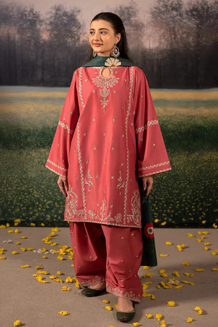 URGE-3PC DHANAK EMBROIDERED SHIRT WITH COURTRAI PRINTED SHAWL AND EMB TROUSER-WJ-1928