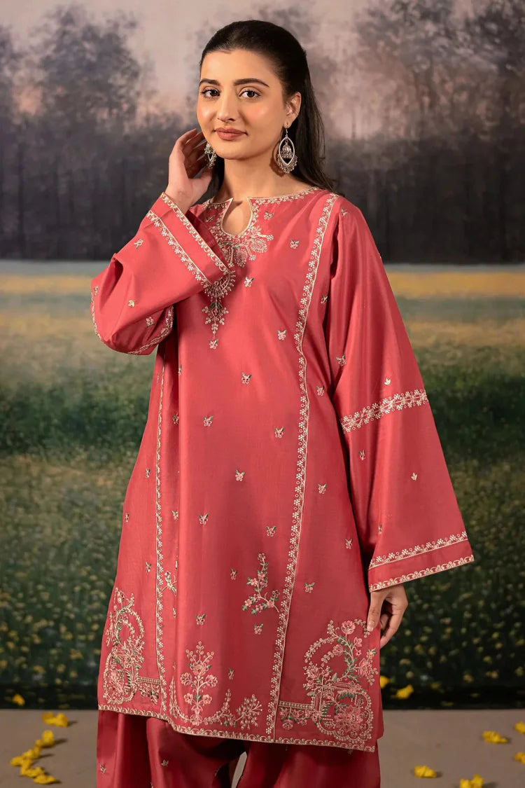 URGE-3PC DHANAK EMBROIDERED SHIRT WITH COURTRAI PRINTED SHAWL AND EMB TROUSER-WJ-1928