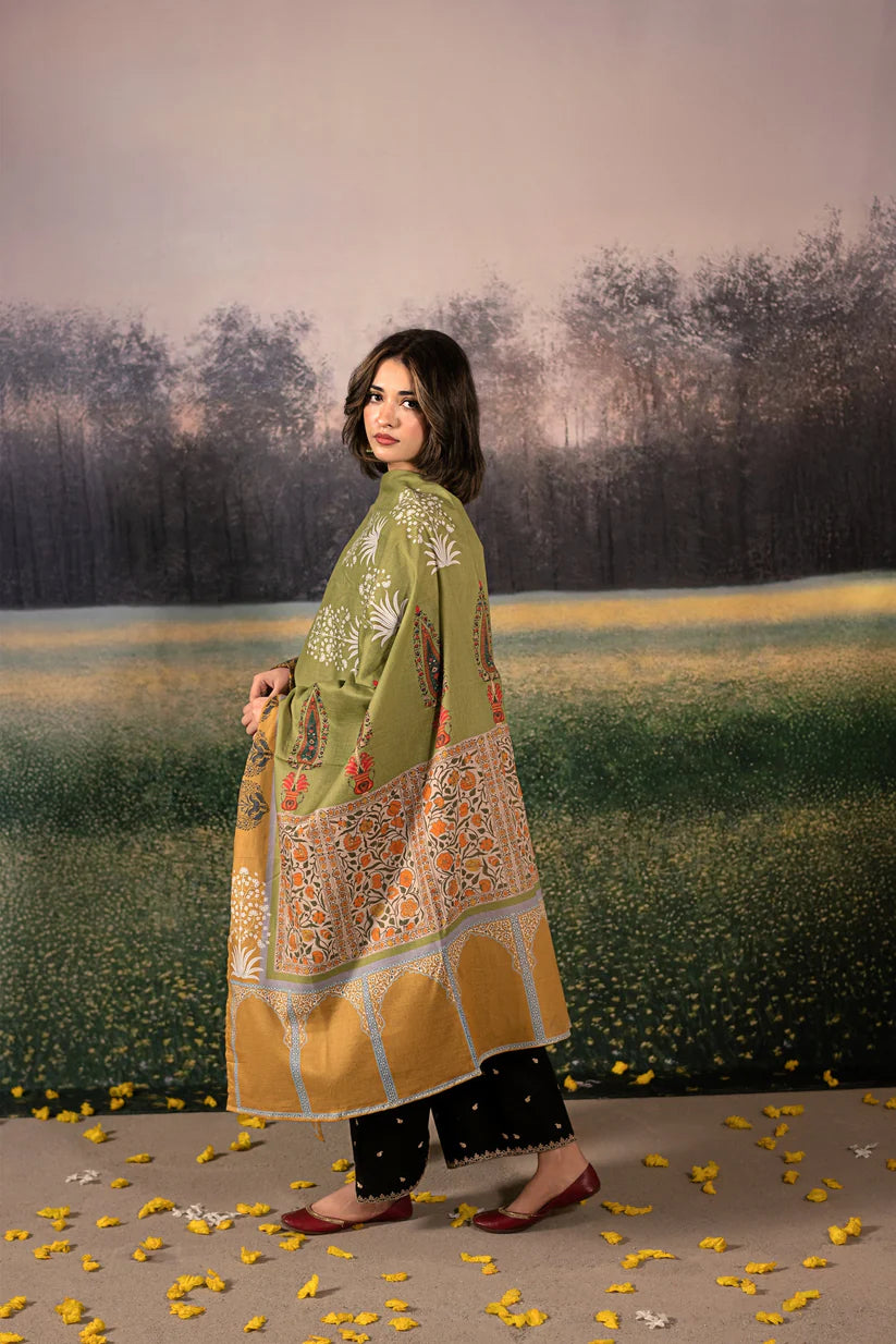 URGE-3PC DHANAK EMBROIDERED SHIRT WITH COUTRAI PRINTED SHAWL & DHANAK EMB TOUSER-W.J-1906