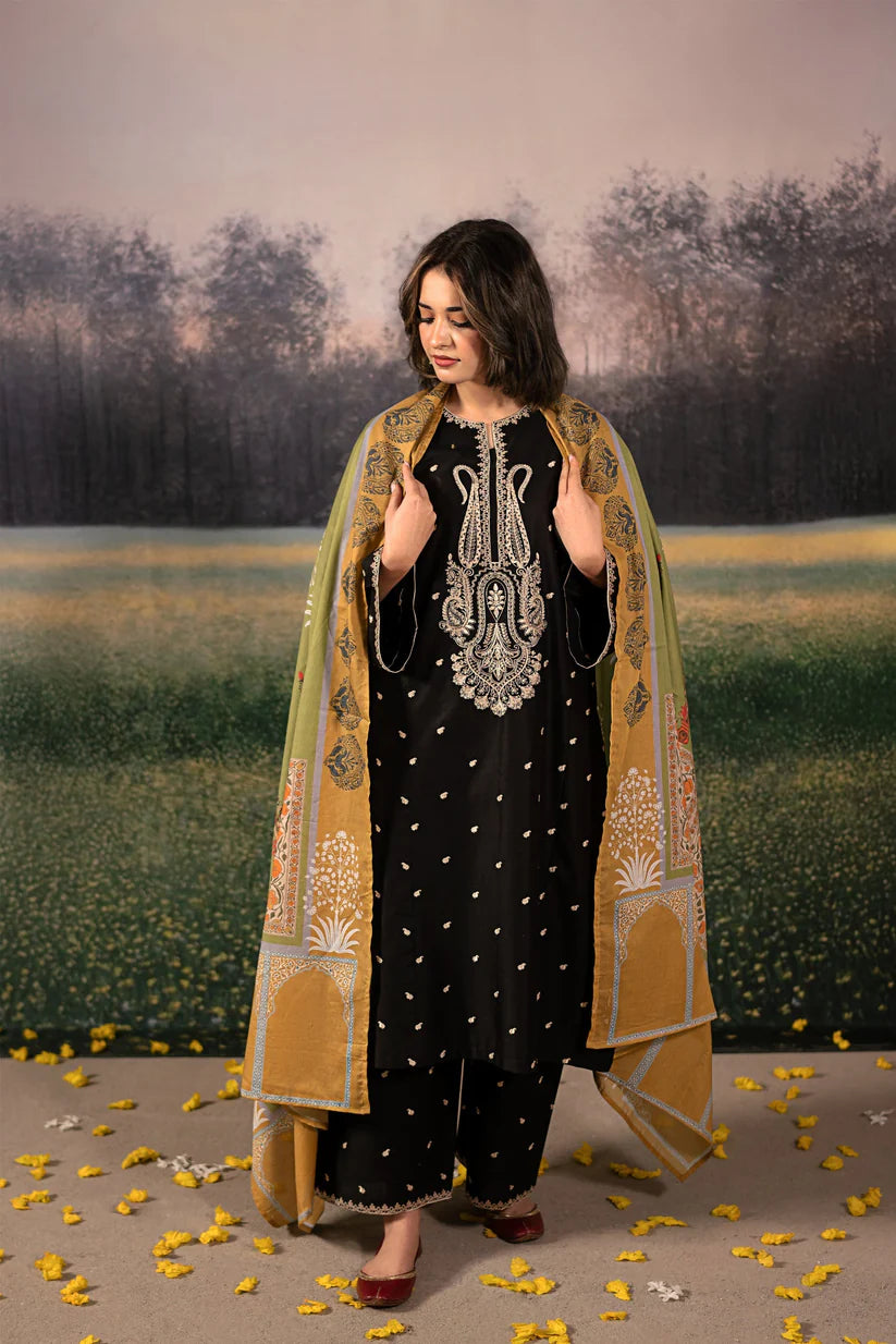 URGE-3PC DHANAK EMBROIDERED SHIRT WITH COUTRAI PRINTED SHAWL & DHANAK EMB TOUSER-W.J-1906