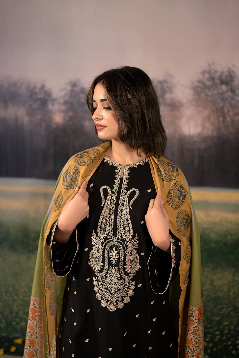 URGE-3PC DHANAK EMBROIDERED SHIRT WITH COUTRAI PRINTED SHAWL & DHANAK EMB TOUSER-W.J-1906