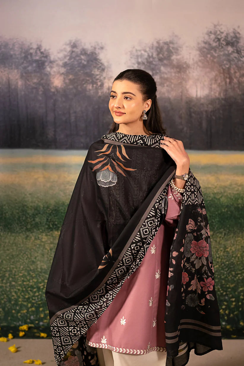 URGE-3PC DHANAK EMBROIDERED SHIRT WITH COUTRAI WOOL PRINTED SHAWL AND EMB TROUSER-W.J-1828