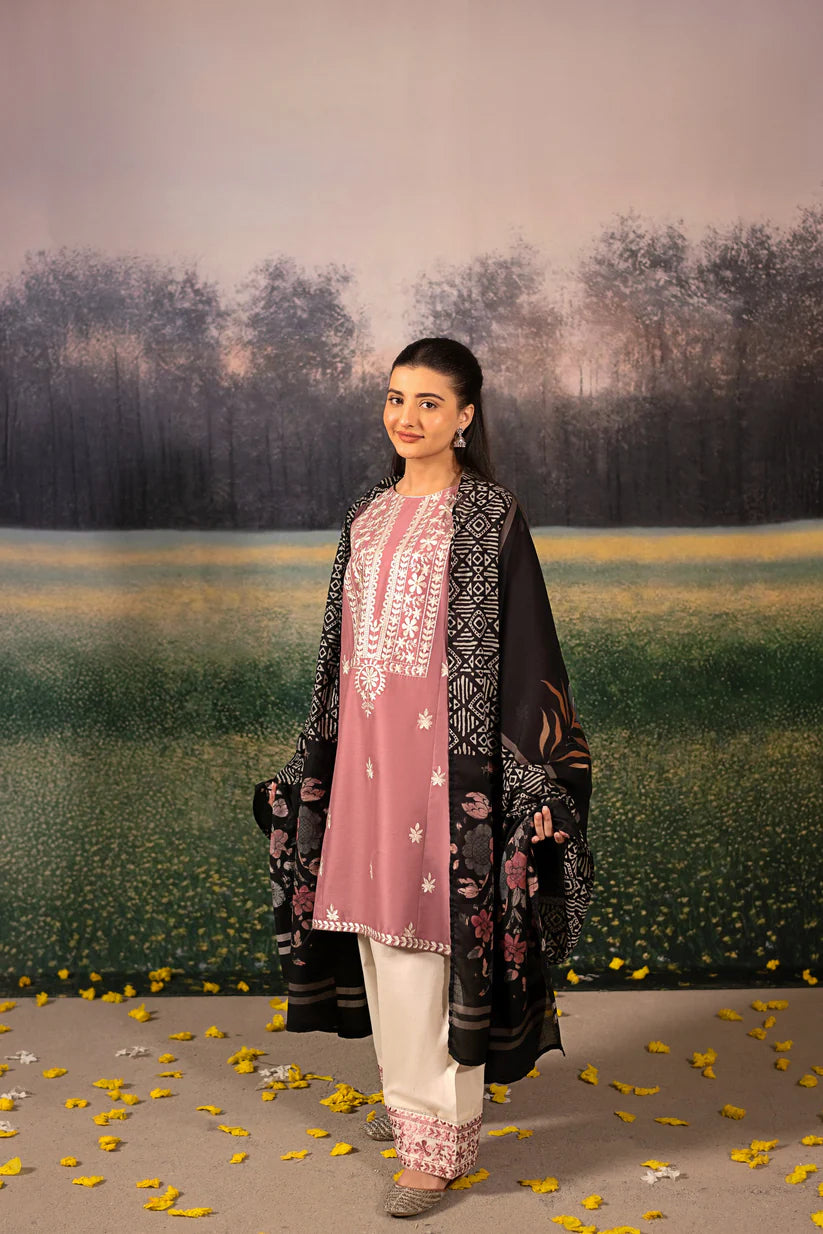 URGE-3PC DHANAK EMBROIDERED SHIRT WITH COUTRAI WOOL PRINTED SHAWL AND EMB TROUSER-W.J-1828
