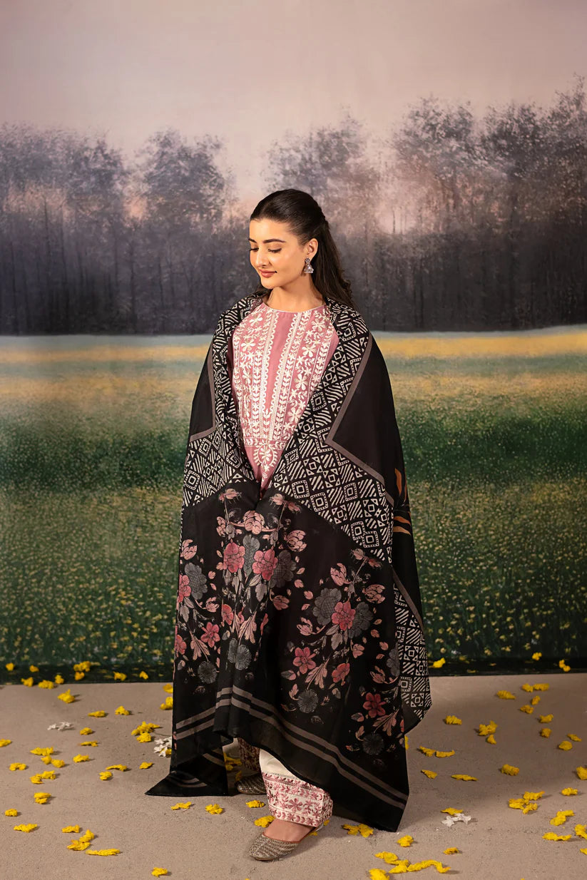 URGE-3PC DHANAK EMBROIDERED SHIRT WITH COUTRAI WOOL PRINTED SHAWL AND EMB TROUSER-W.J-1828