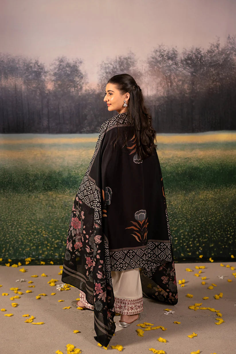 URGE-3PC DHANAK EMBROIDERED SHIRT WITH COUTRAI WOOL PRINTED SHAWL AND EMB TROUSER-W.J-1828