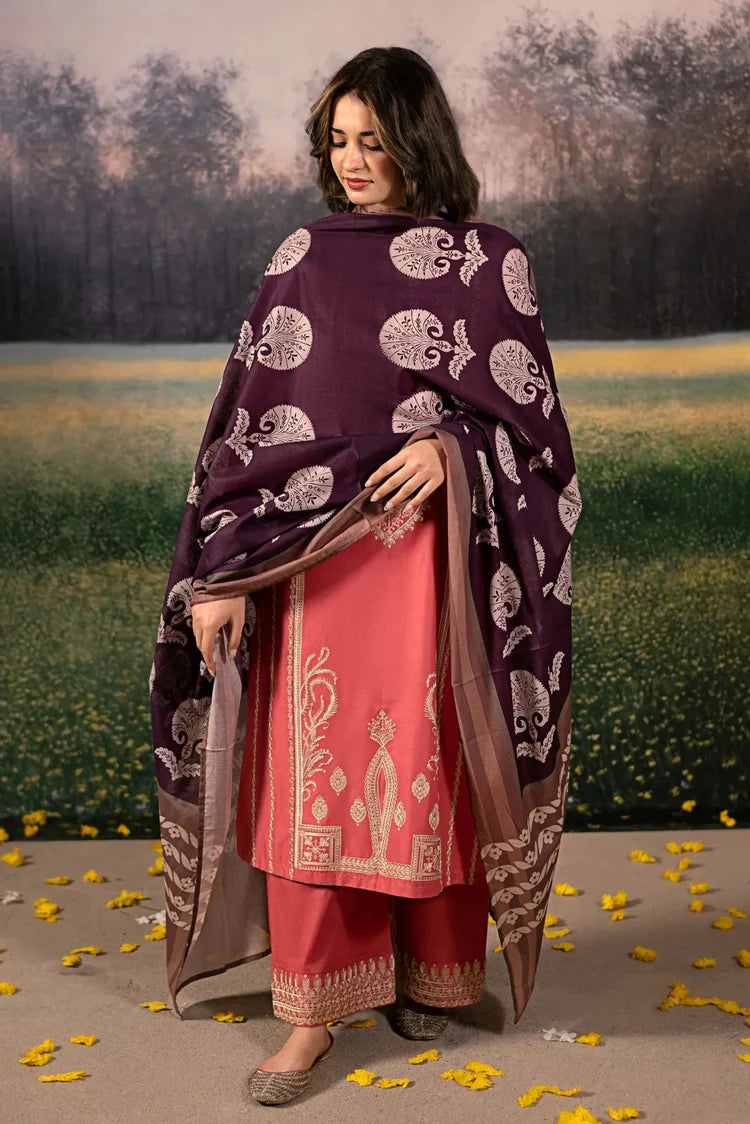 URGE-3PC DHANAK EMBROIDERED SHIRT WITH COURTRAI PRINTED SHAWL AND EMB TROUSER-W.J-1922