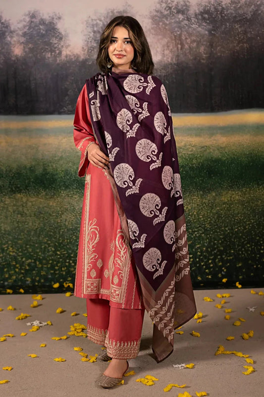 URGE-3PC DHANAK EMBROIDERED SHIRT WITH COURTRAI PRINTED SHAWL AND EMB TROUSER-W.J-1922