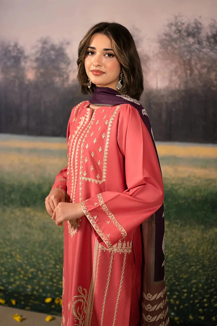 URGE-3PC DHANAK EMBROIDERED SHIRT WITH COURTRAI PRINTED SHAWL AND EMB TROUSER-W.J-1922
