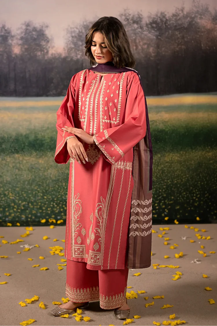 URGE-3PC DHANAK EMBROIDERED SHIRT WITH COURTRAI PRINTED SHAWL AND EMB TROUSER-W.J-1922